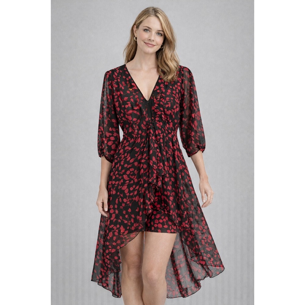 NWT Asher by Fab'rik Favour Black‎ Red Floral High Low Dress Romper M